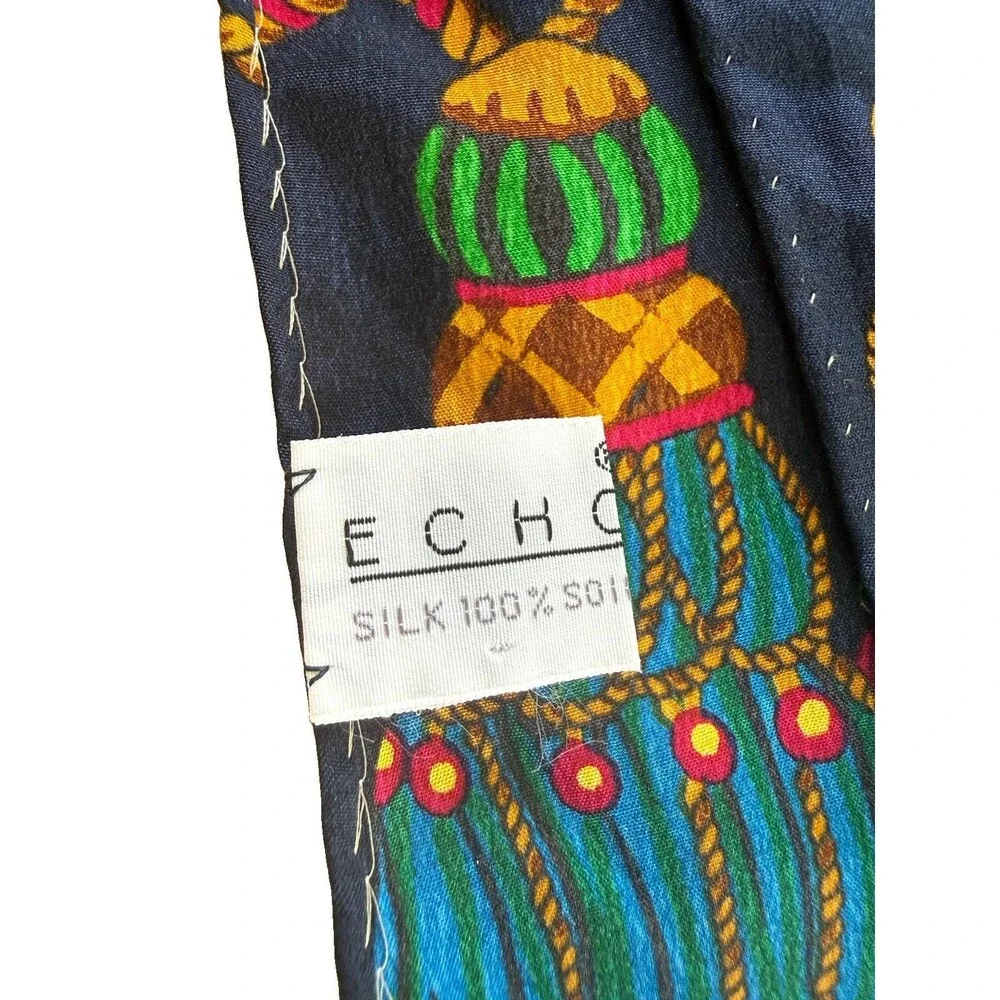 Echo Womens Silk Rectangle Tassel Rope Printed Scarf White Multi 57” X 11” EUC